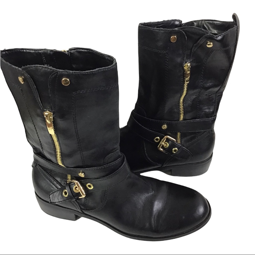 Marc Fisher Dolca Black Leather Decorative Zip & Buckle Moto Boots Size 8 1/2 - Picture 3 of 12